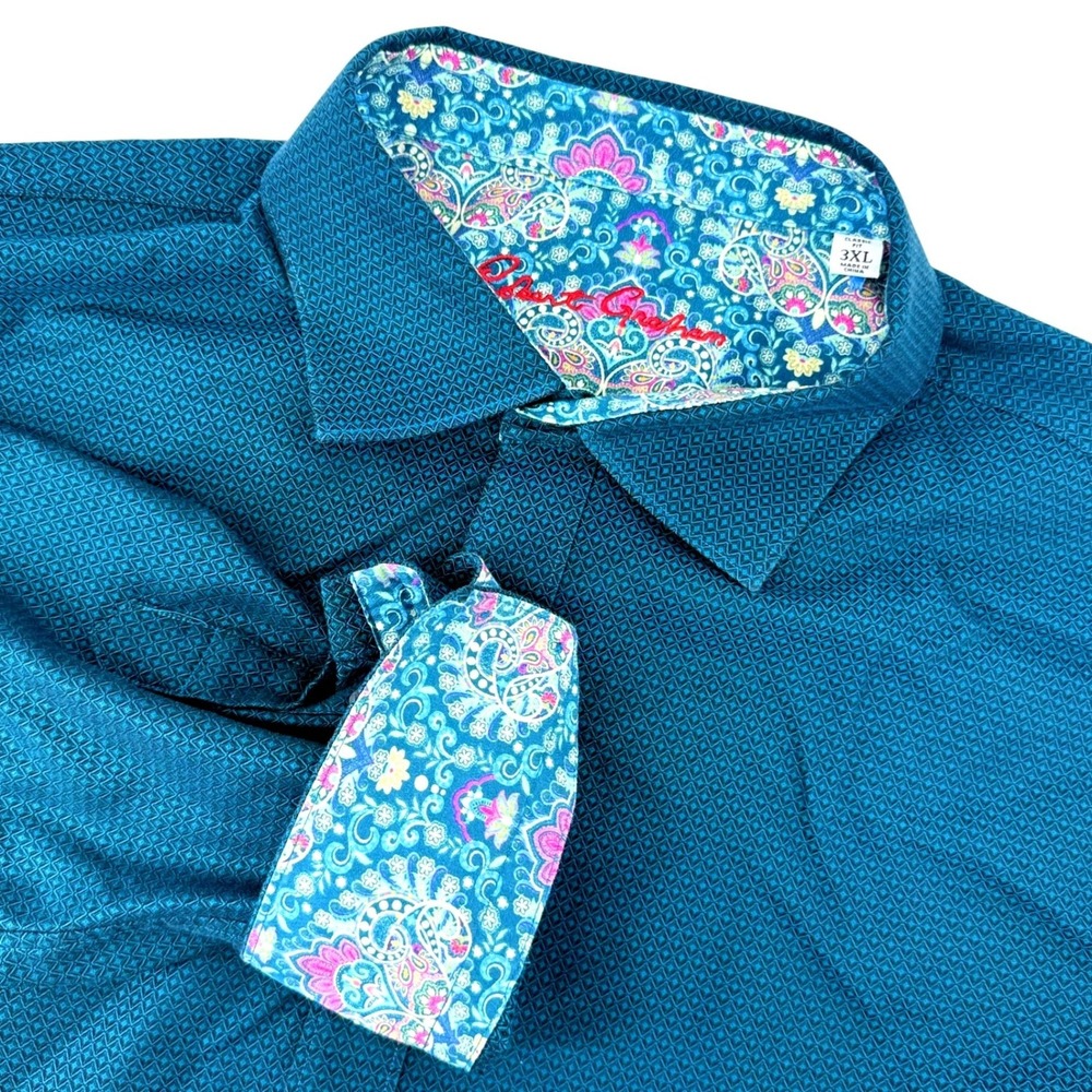 Robert Graham Men 3XL Teal Blue Geometric Diamond Paisley Trim Button Down Shirt